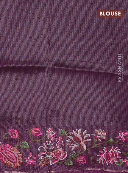 Semi tussar saree deep purple with allover silver & zari stripe pattern and convent embroidery border