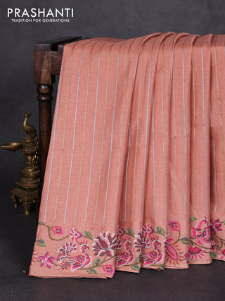Semi tussar saree peach shade with allover silver & zari stripe pattern and convent embroidery border