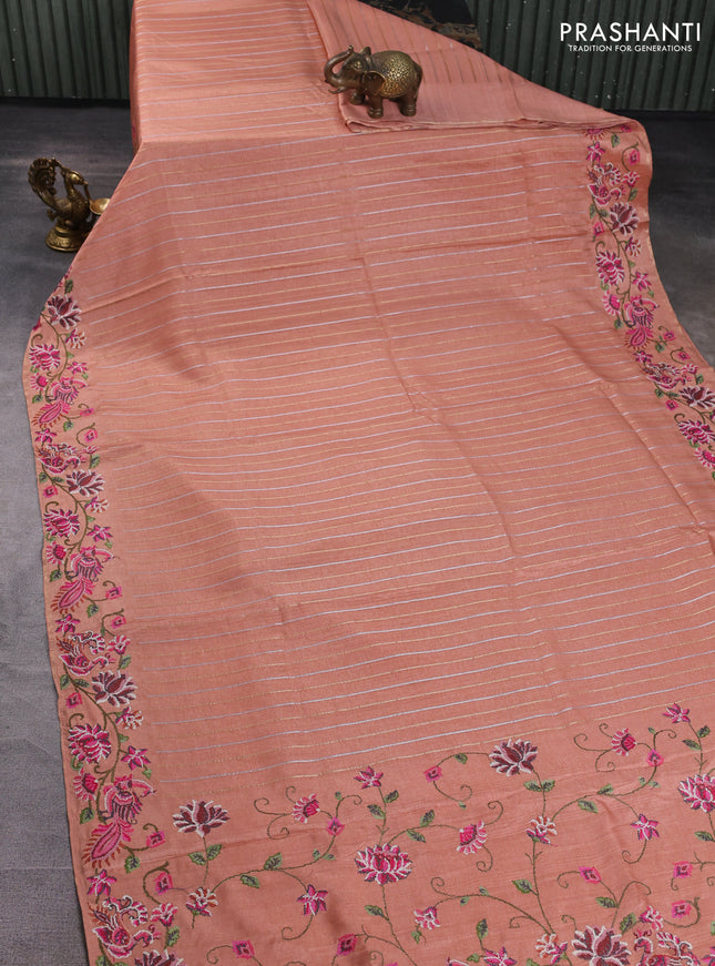 Semi tussar saree peach shade with allover silver & zari stripe pattern and convent embroidery border