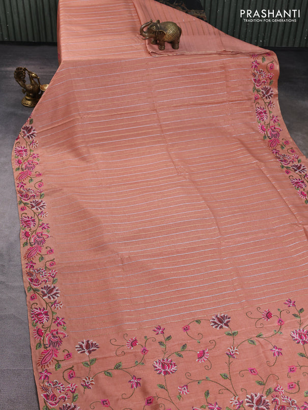 Semi tussar saree peach shade with allover silver & zari stripe pattern and convent embroidery border