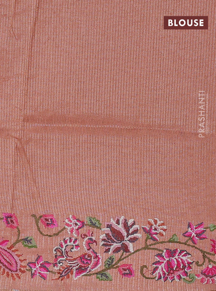 Semi tussar saree peach shade with allover silver & zari stripe pattern and convent embroidery border