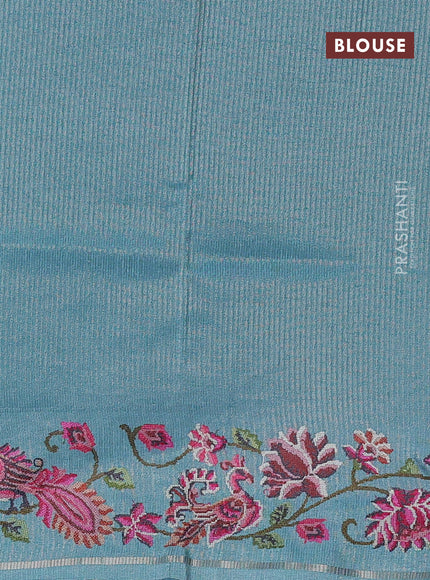Semi tussar saree teal blue with allover silver & zari stripe pattern and convent embroidery border