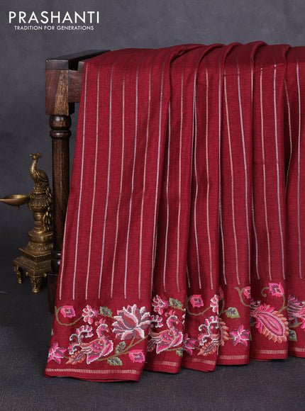 Semi tussar saree deep maroon with allover silver & zari stripe pattern and convent embroidery border