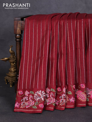 Semi tussar saree deep maroon with allover silver & zari stripe pattern and convent embroidery border