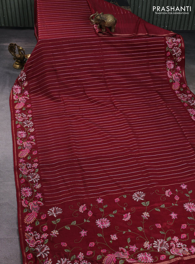 Semi tussar saree deep maroon with allover silver & zari stripe pattern and convent embroidery border