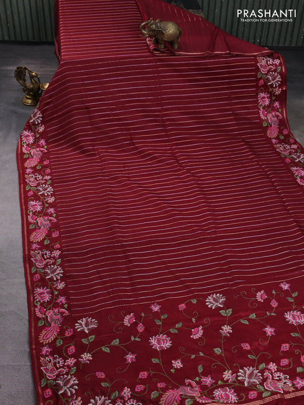 Semi tussar saree deep maroon with allover silver & zari stripe pattern and convent embroidery border