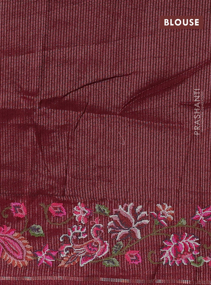 Semi tussar saree deep maroon with allover silver & zari stripe pattern and convent embroidery border