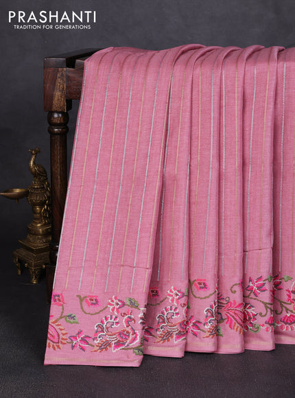 Semi tussar saree pastel pink with allover silver & zari stripe pattern and convent embroidery border