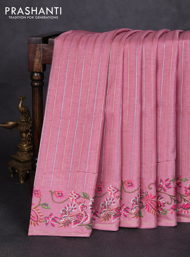 Semi tussar saree pastel pink with allover silver & zari stripe pattern and convent embroidery border