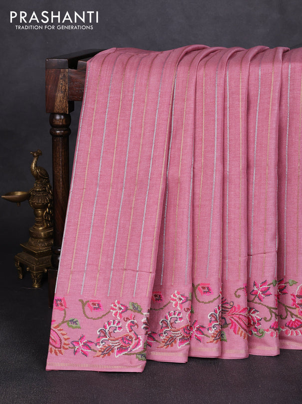 Semi tussar saree pastel pink with allover silver & zari stripe pattern and convent embroidery border