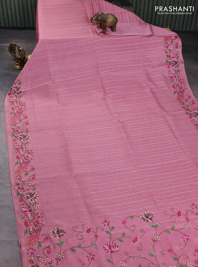 Semi tussar saree pastel pink with allover silver & zari stripe pattern and convent embroidery border