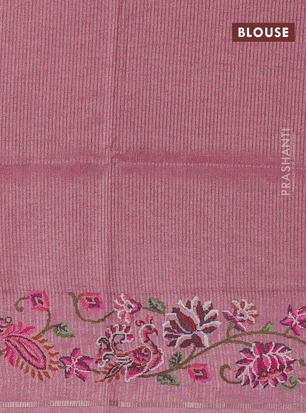 Semi tussar saree pastel pink with allover silver & zari stripe pattern and convent embroidery border