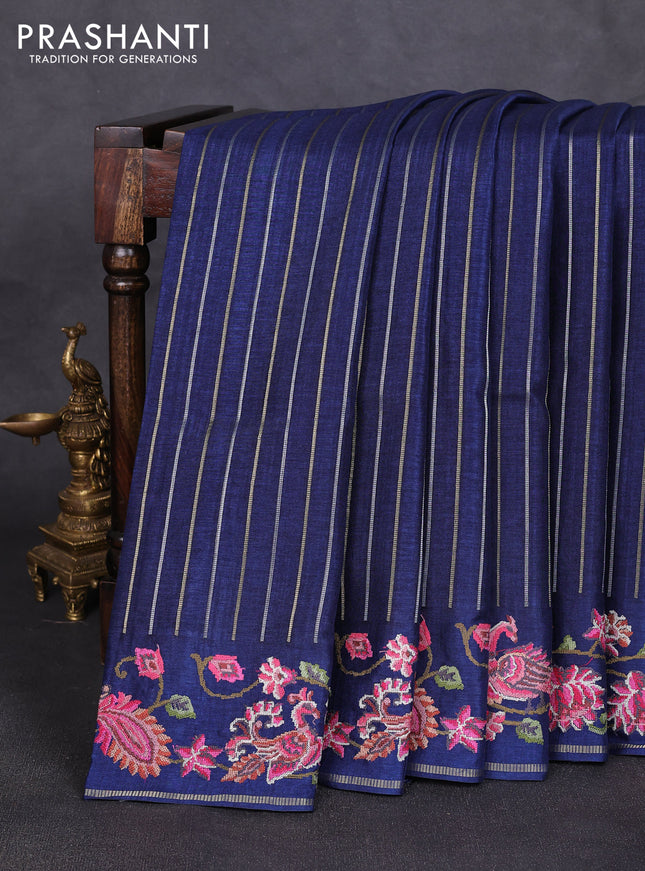 Semi tussar saree navy blue with allover silver & zari stripe pattern and convent embroidery border