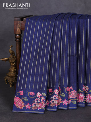 Semi tussar saree navy blue with allover silver & zari stripe pattern and convent embroidery border