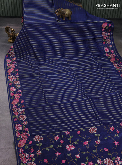 Semi tussar saree navy blue with allover silver & zari stripe pattern and convent embroidery border