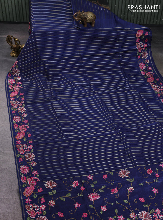 Semi tussar saree navy blue with allover silver & zari stripe pattern and convent embroidery border