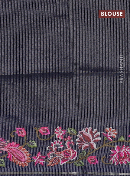 Semi tussar saree navy blue with allover silver & zari stripe pattern and convent embroidery border