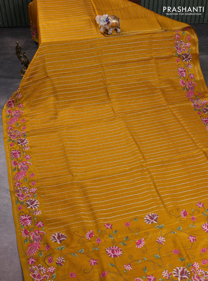 Semi tussar saree mustard yellow with allover silver & zari stripe pattern and convent embroidery border