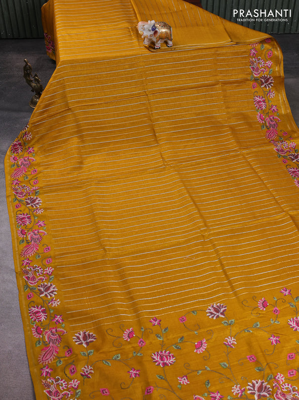 Semi tussar saree mustard yellow with allover silver & zari stripe pattern and convent embroidery border