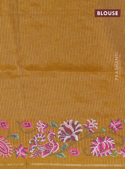 Semi tussar saree mustard yellow with allover silver & zari stripe pattern and convent embroidery border