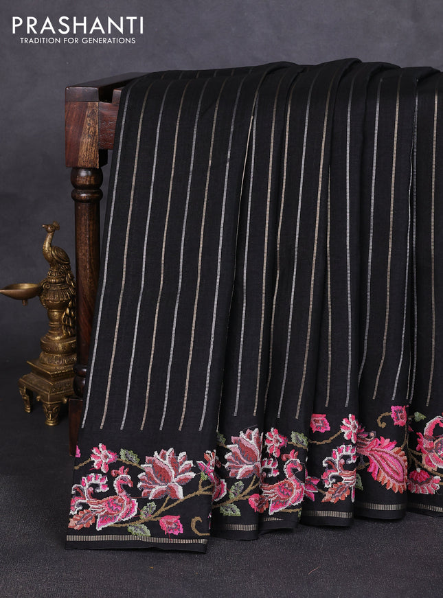 Semi tussar saree black with allover silver & zari stripe pattern and convent embroidery border