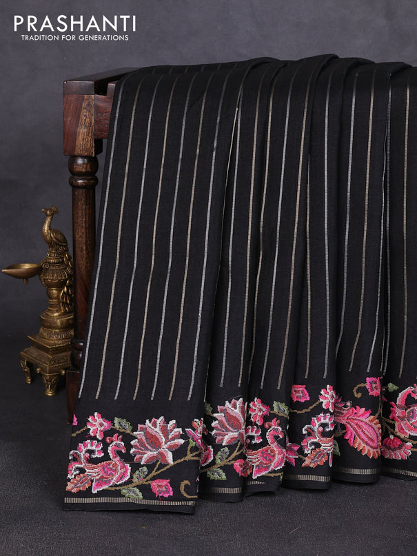 Semi tussar saree black with allover silver & zari stripe pattern and convent embroidery border