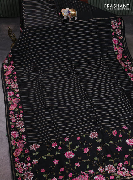 Semi tussar saree black with allover silver & zari stripe pattern and convent embroidery border