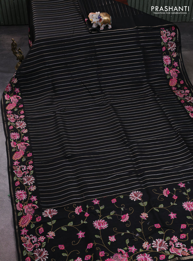 Semi tussar saree black with allover silver & zari stripe pattern and convent embroidery border