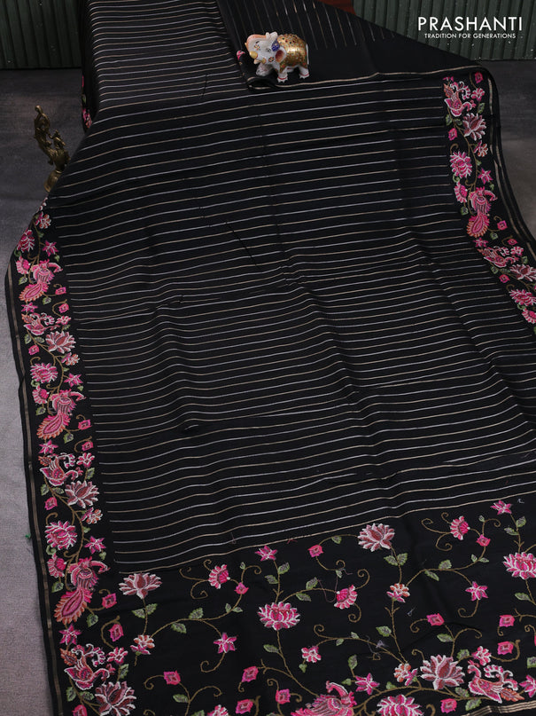 Semi tussar saree black with allover silver & zari stripe pattern and convent embroidery border