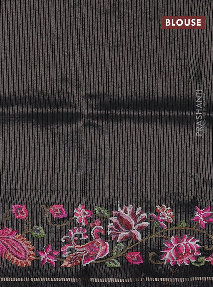 Semi tussar saree black with allover silver & zari stripe pattern and convent embroidery border
