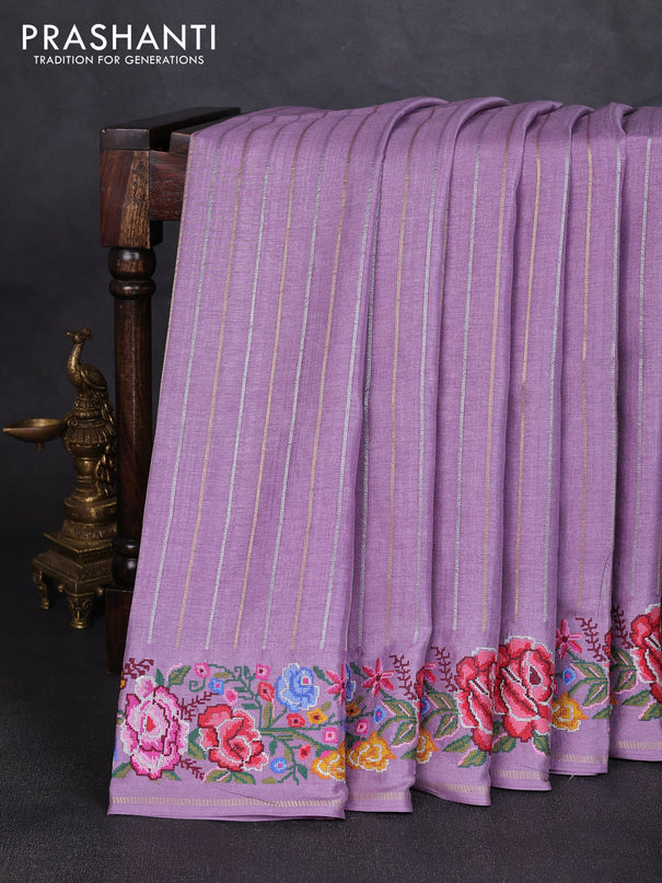 Semi tussar saree lavender with allover silver & zari stripe pattern and convent embroidery border