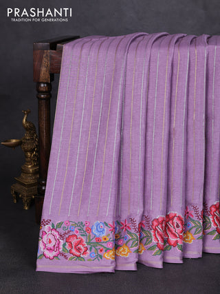 Semi tussar saree lavender with allover silver & zari stripe pattern and convent embroidery border