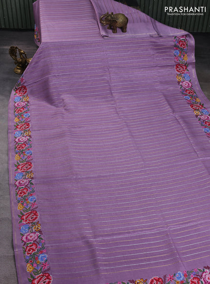 Semi tussar saree lavender with allover silver & zari stripe pattern and convent embroidery border