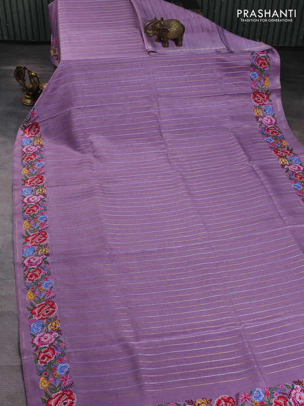 Semi tussar saree lavender with allover silver & zari stripe pattern and convent embroidery border