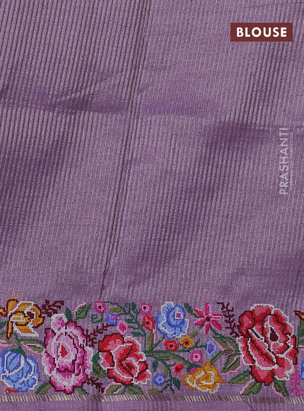 Semi tussar saree lavender with allover silver & zari stripe pattern and convent embroidery border