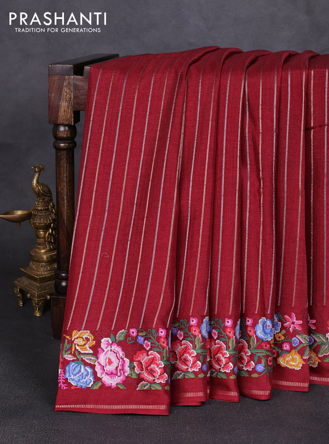 Semi tussar saree deep maroon with allover silver & zari stripe pattern and convent embroidery border