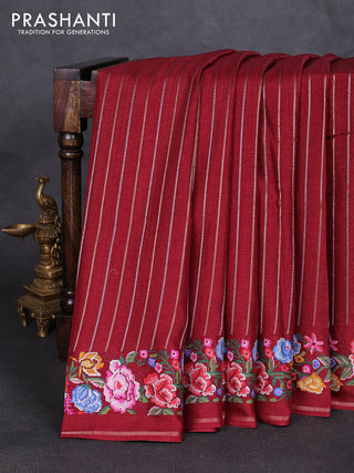 Semi tussar saree deep maroon with allover silver & zari stripe pattern and convent embroidery border