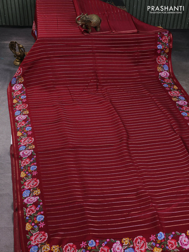 Semi tussar saree deep maroon with allover silver & zari stripe pattern and convent embroidery border