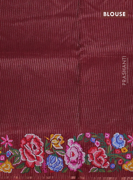 Semi tussar saree deep maroon with allover silver & zari stripe pattern and convent embroidery border