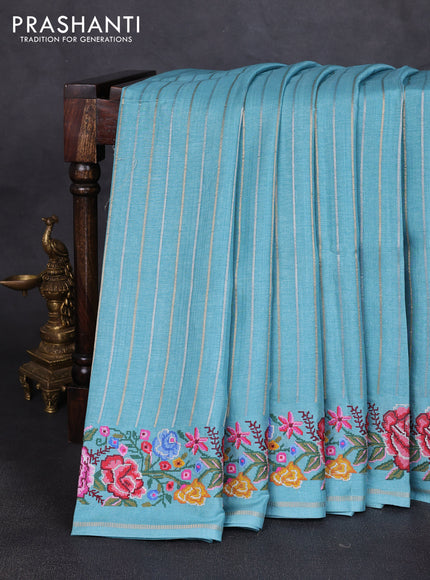 Semi tussar saree pastel blue with allover silver & zari stripe pattern and convent embroidery border