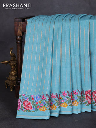 Semi tussar saree pastel blue with allover silver & zari stripe pattern and convent embroidery border