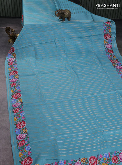 Semi tussar saree pastel blue with allover silver & zari stripe pattern and convent embroidery border