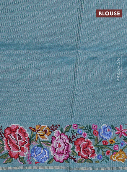 Semi tussar saree pastel blue with allover silver & zari stripe pattern and convent embroidery border