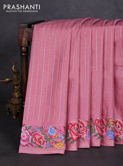 Semi tussar saree pastel pink with allover silver & zari stripe pattern and convent embroidery border