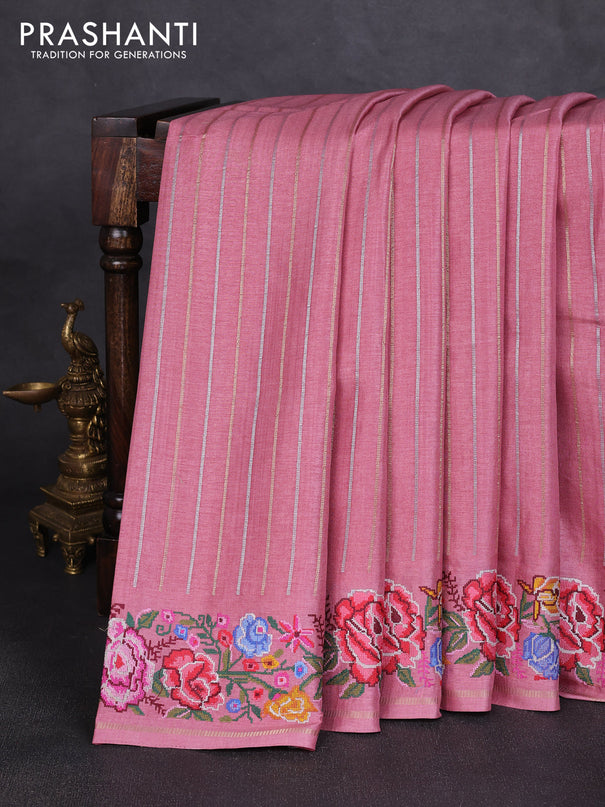 Semi tussar saree pastel pink with allover silver & zari stripe pattern and convent embroidery border
