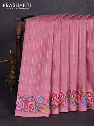 Semi tussar saree pastel pink with allover silver & zari stripe pattern and convent embroidery border