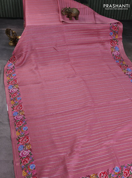 Semi tussar saree pastel pink with allover silver & zari stripe pattern and convent embroidery border