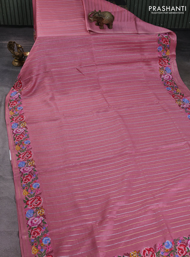 Semi tussar saree pastel pink with allover silver & zari stripe pattern and convent embroidery border