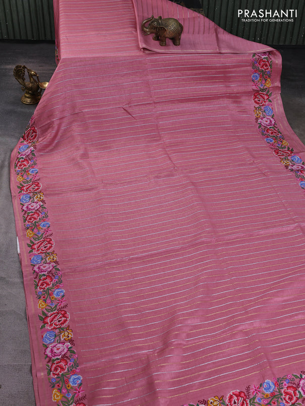 Semi tussar saree pastel pink with allover silver & zari stripe pattern and convent embroidery border