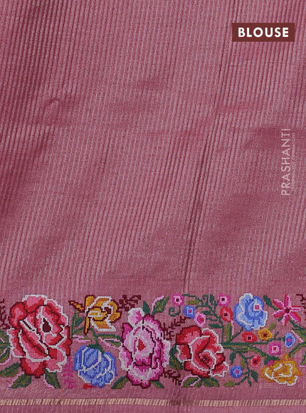 Semi tussar saree pastel pink with allover silver & zari stripe pattern and convent embroidery border